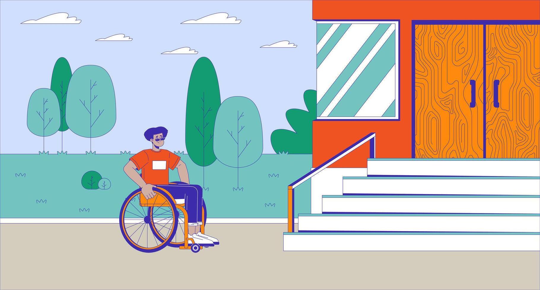 Lack of accessibility for disabled cartoon flat illustration. Confused wheelchair male in front of stairs 2D character colorful background. Social issue barrier scene storytelling image vector