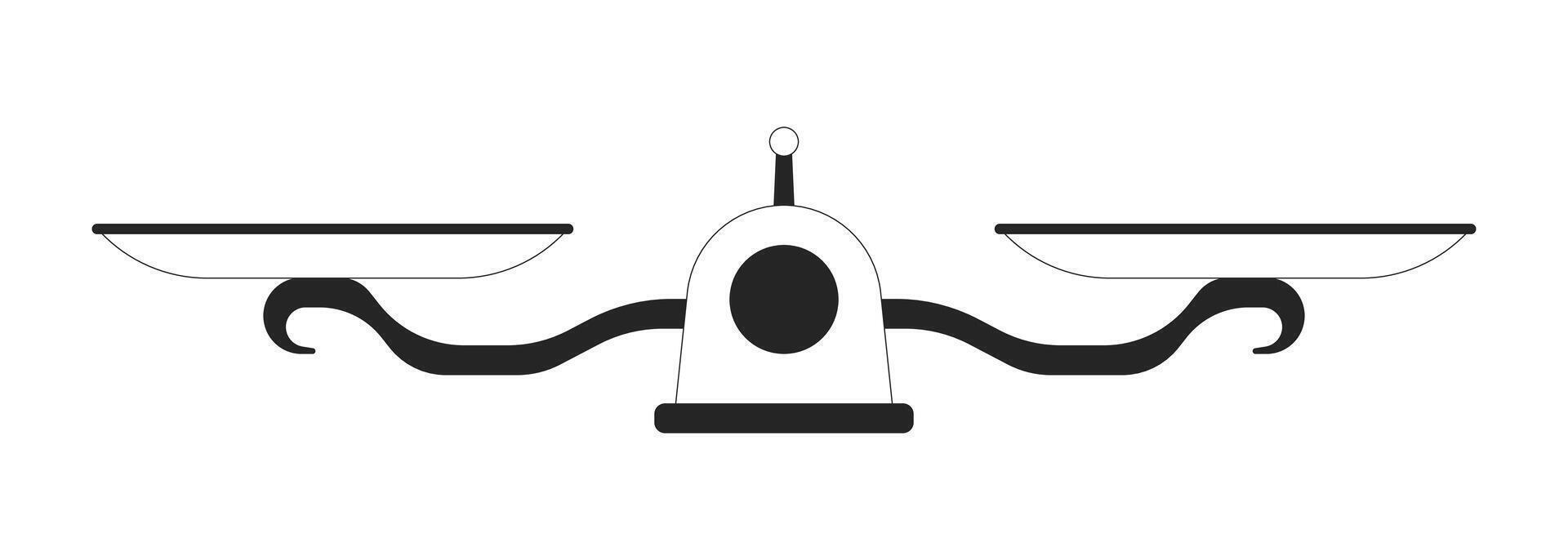 Balance scales black and white 2D line object. Equality equilibrium equipment libra isolated outline item. Judge righteousness. Measure comparison monochromatic flat spot illustration vector