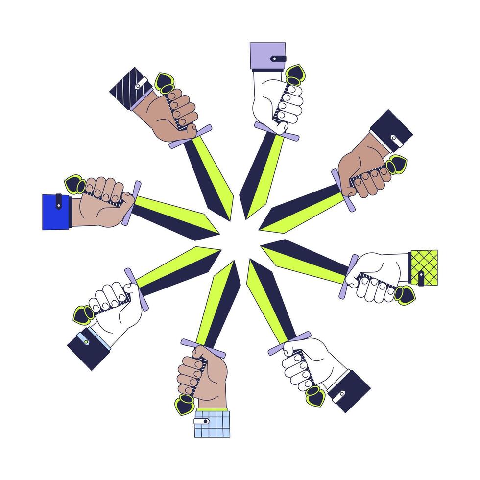 Corporate teamwork 2D illustration concept. Suits hands holding swords in circle cartoon scene isolated on white. Unity partnership. Businesspeople cooperation metaphor abstract flat graphic vector
