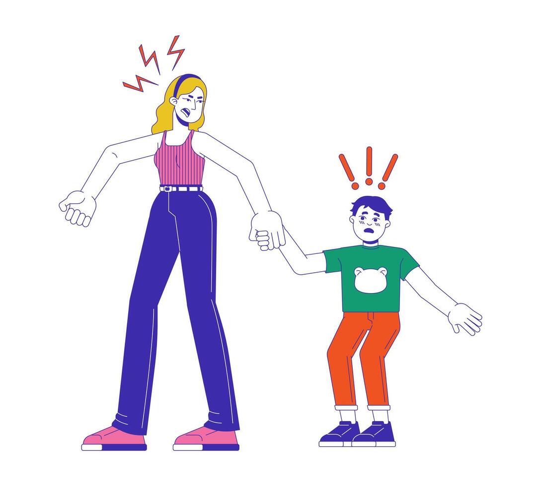 Yelling mother with scared boy 2D cartoon characters. Caucasian woman holding male child hand isolated flat people white background. Furious parent, frightened son color spot illustration vector