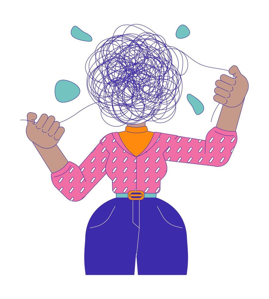 Mental health struggles 2D illustration concept. Faceless woman with chaotic mind cartoon character isolated on white. Disorganized mind. Intrusive thoughts metaphor abstract flat graphic vector