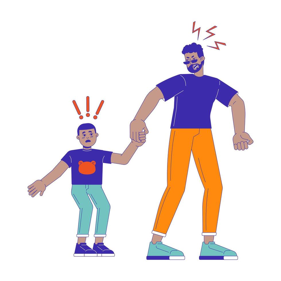 Yelling father with stressed kid 2D cartoon characters. African american man holding male child hand isolated flat people white background. Aggressive parent, sad boy color spot illustration vector
