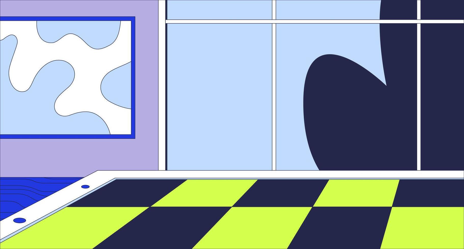 Abstract futuristic interior cartoon flat illustration. Checkerboard chess board 2D indoors colorful background. Empty chessboard surface retro. Glass windows scene storytelling image vector