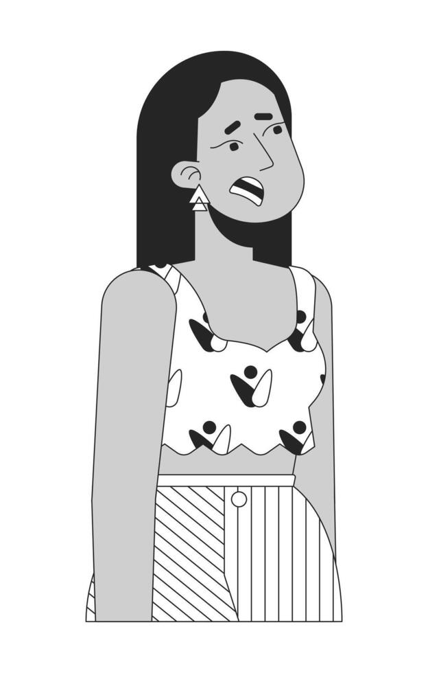 Middle eastern female frightened scared black and white 2D line cartoon character. Arab woman shocked mouth open isolated outline person. Anxious astonished monochromatic spot illustration vector
