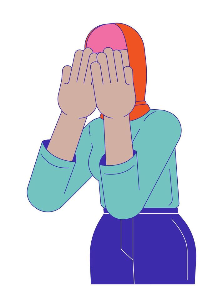 Muslim hijab woman covering eyes with palms 2D cartoon character. Headscarf arabic female hiding behind hands isolated flat person white background. Stop gesture color spot illustration vector