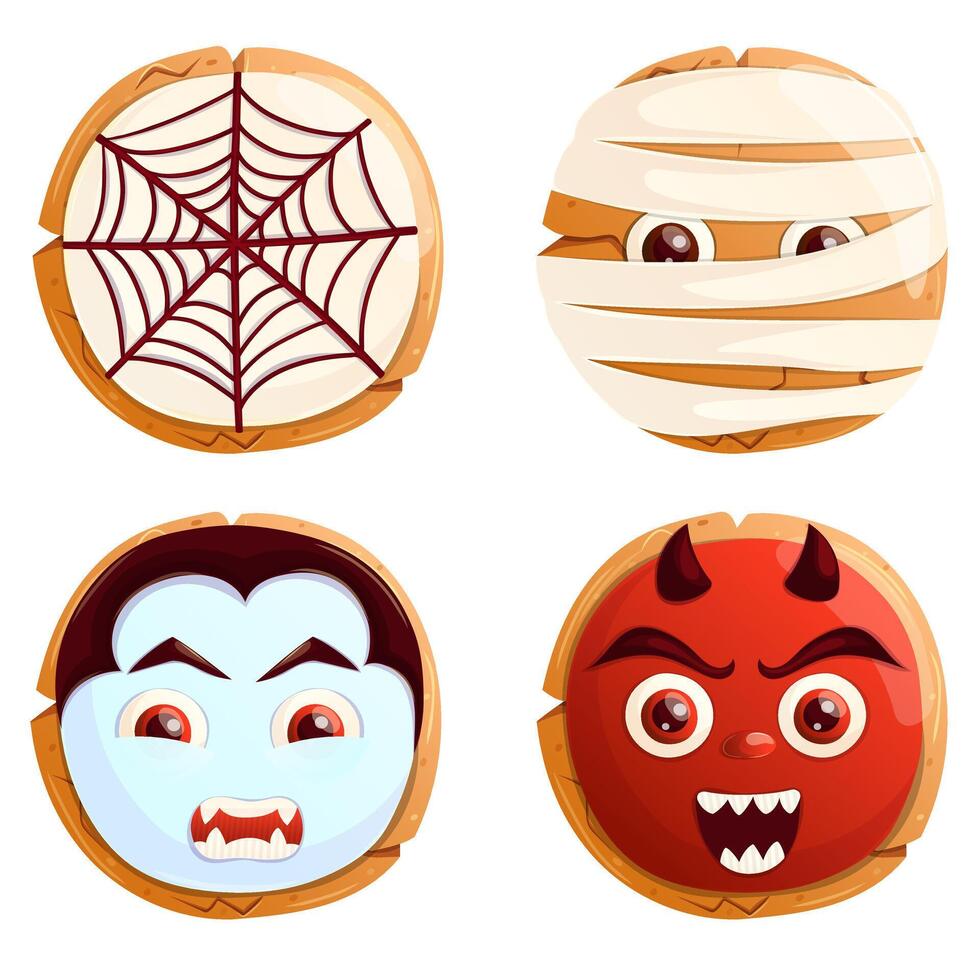 Halloween decoration sweet cookie set isolated on white. Mummy, devil, vampire, spiderweb sweet pastry. Poster, banner, postcard design element. vector