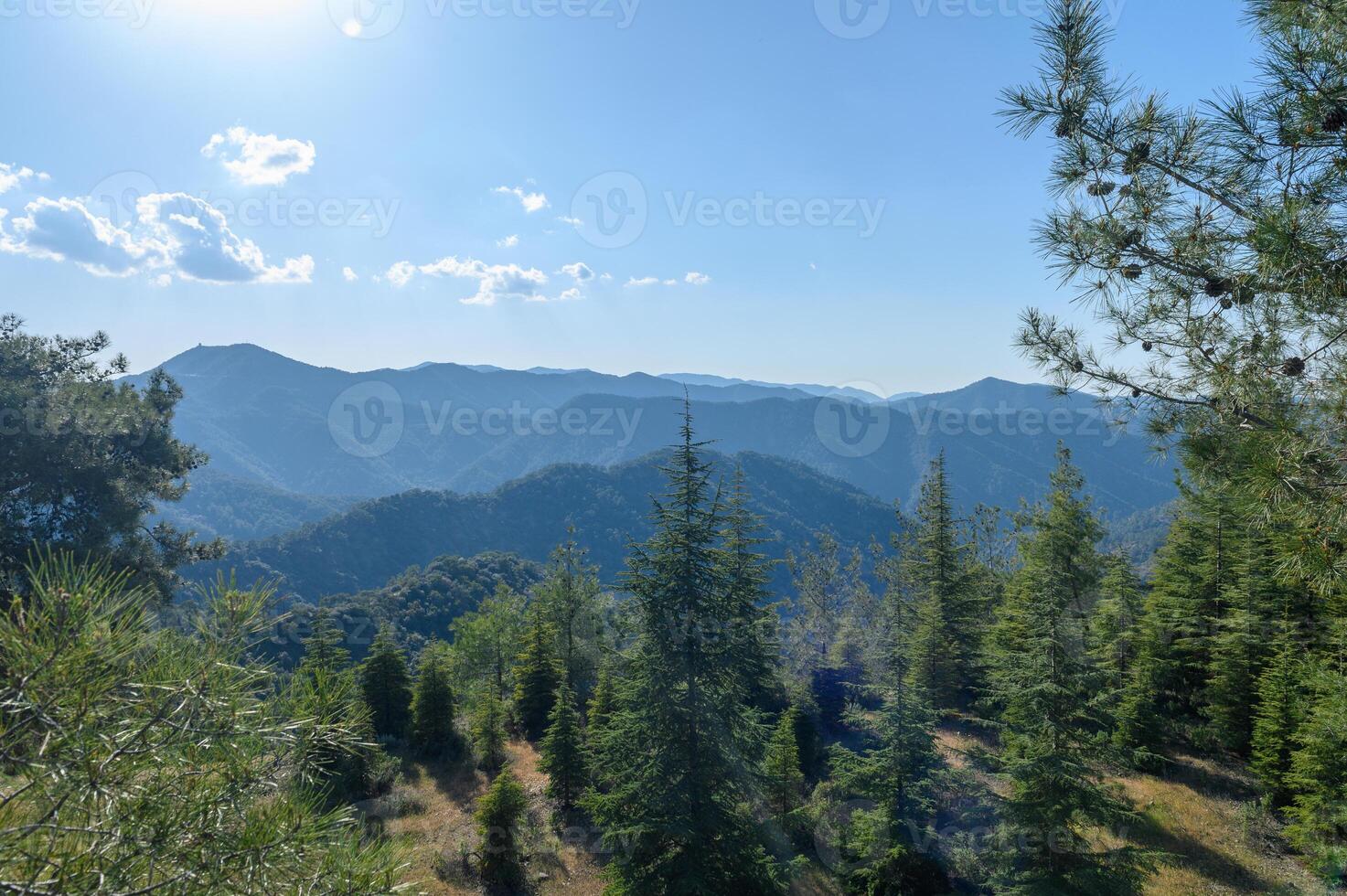 view of Troodos Mountains from Mount Olympos in Cyprus photo