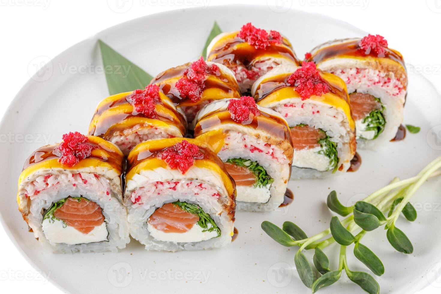 Roll scorched Aburi on a white background studio shooting 1 photo