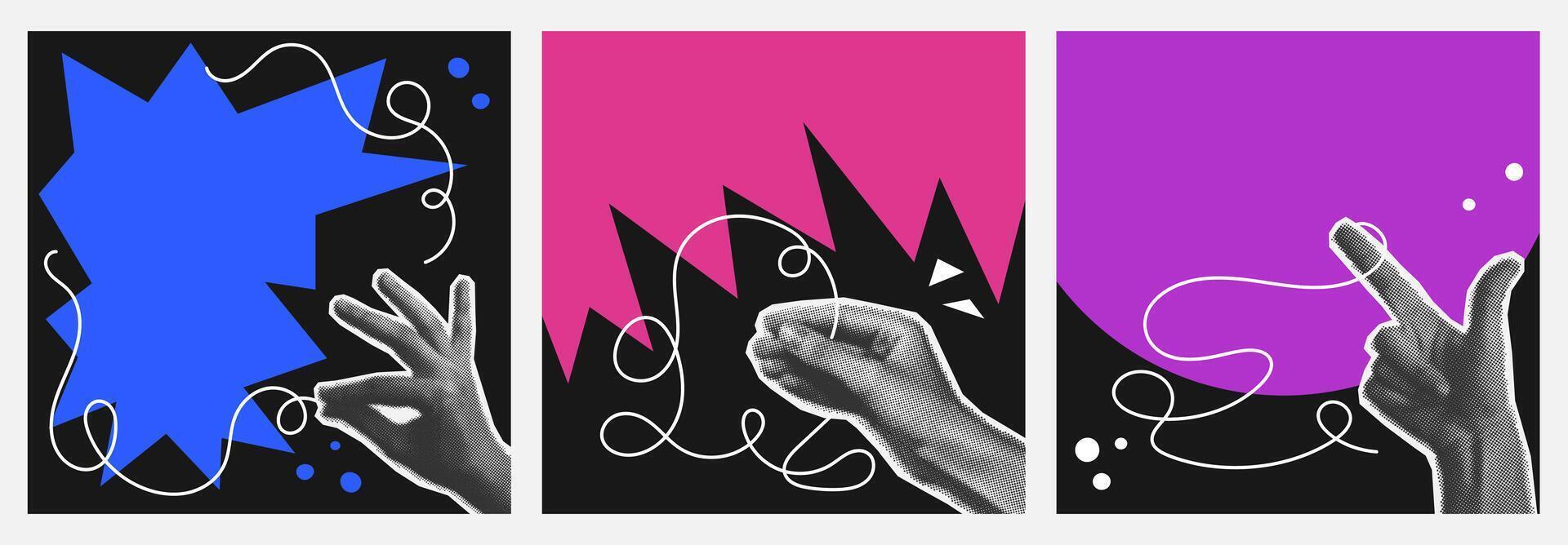 Set of blank square poster with halftone hand hold out line scribble. Background playful funny abstract shape in collage style vector