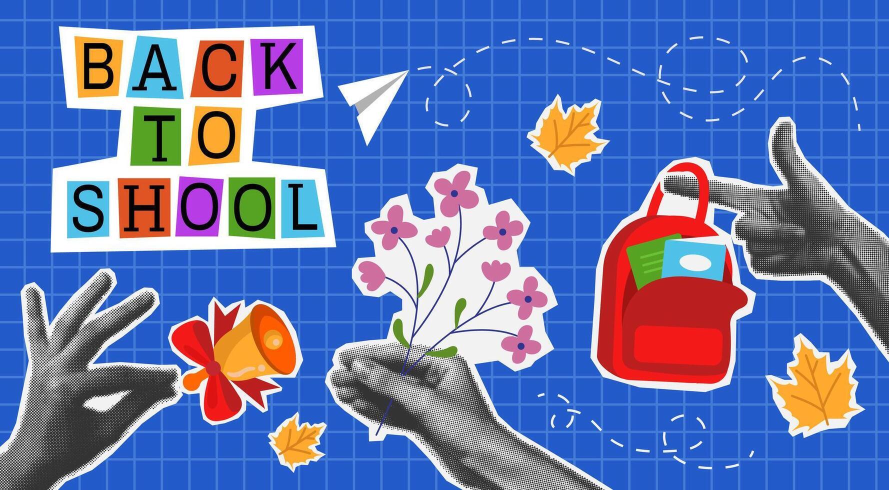 Abstract background with halftone hands hold backpack, flower. Back to school. Education concept in trendy collage style vector