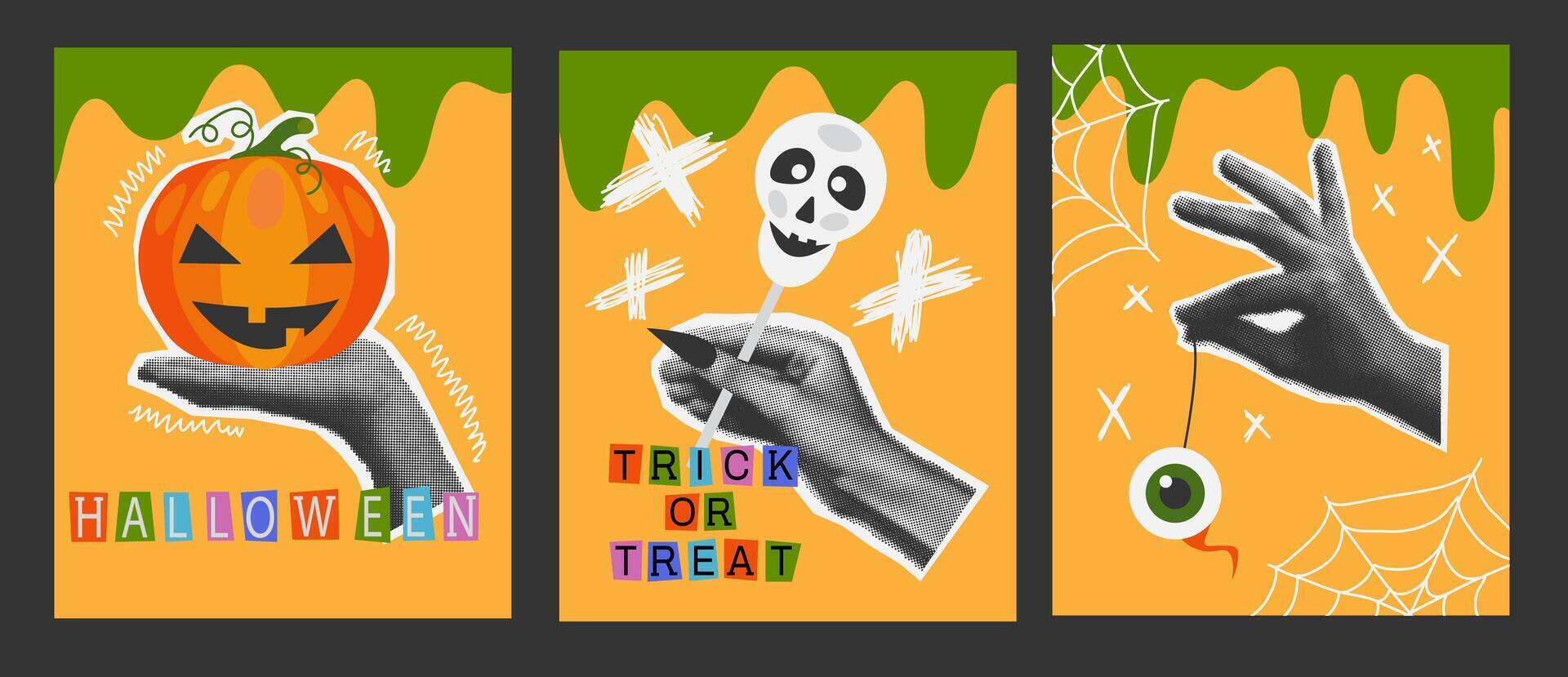 Set of banner with halftone hand hold pumpkin, skull sweet and eye in trendy collage style. Halloween celebrate. Spooky modern cut out elements vector