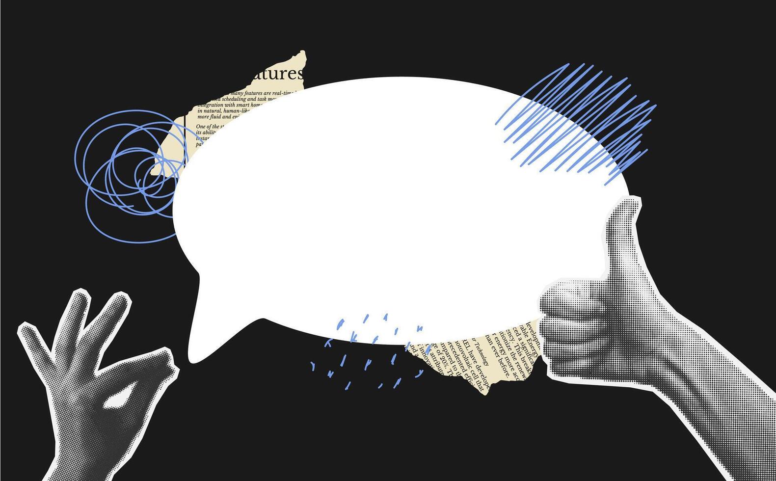 Collage background with halftone hand hold bubble speech with negative space. Retro newspaper and torn paper. vector