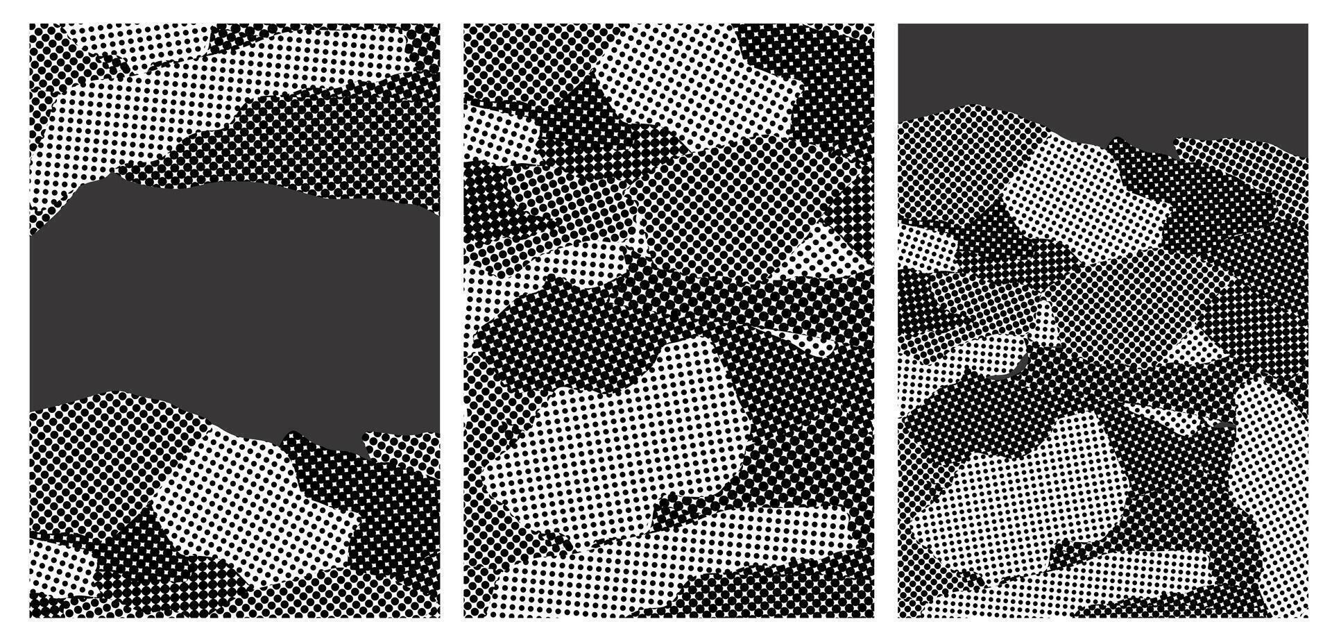 Abstract vertical poster with halftone torn piece shape in collage comic style. Background with black grunge black paper. vector