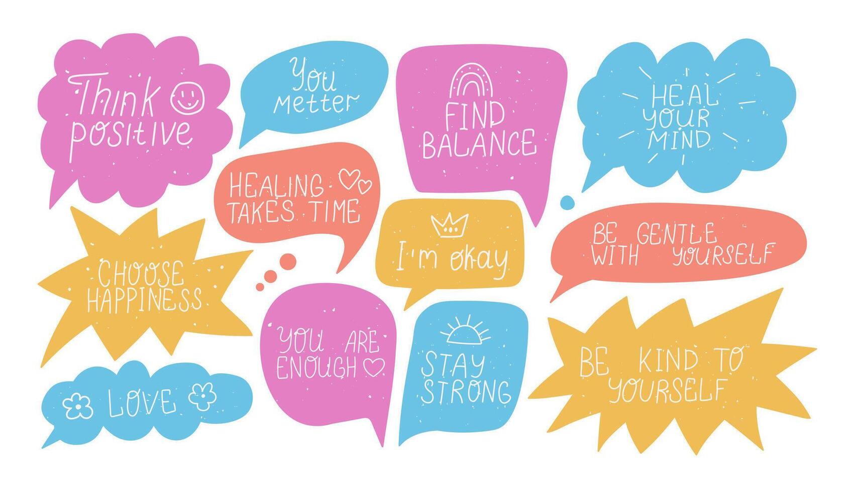 Mental health short phrase with bubble speech. Doodle positive slogan. Self care and love hand drawn elements. Heal your mind vector