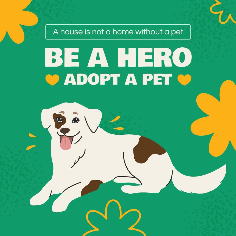 Banner template featuring a happy white dog with brown spots. Be a hero, adopt a pet. Illustration for social media, website, flyer, ads. For shelters, volunteers, veterinary clinics. Colorful. vector
