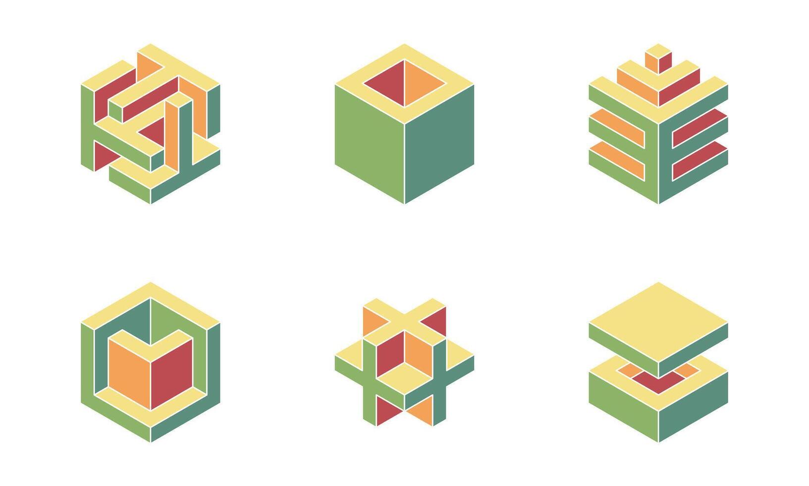 Cube logo, geometric design. Set box logotype company, trendy techno emblem in isometric 3D style. vector