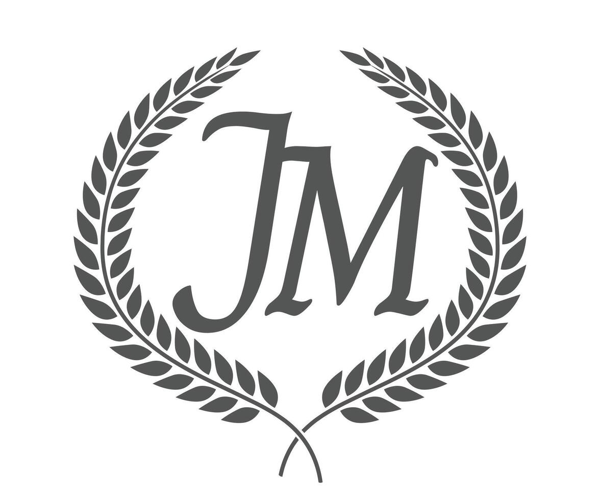 Initial letter J and M, JM monogram logo design with laurel wreath. Luxury calligraphy font. vector