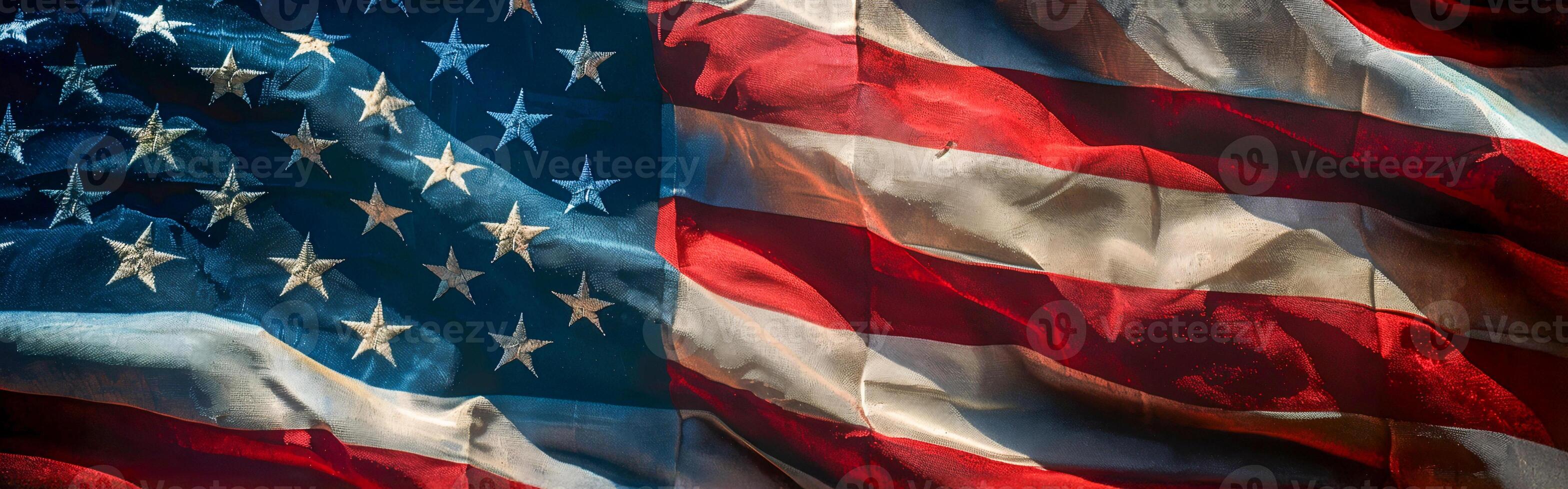 Close-up of the American flag, with its iconic red and white stripes and blue background filled with stars, symbolizing freedom and the USA in celebration or on landmarks day photo