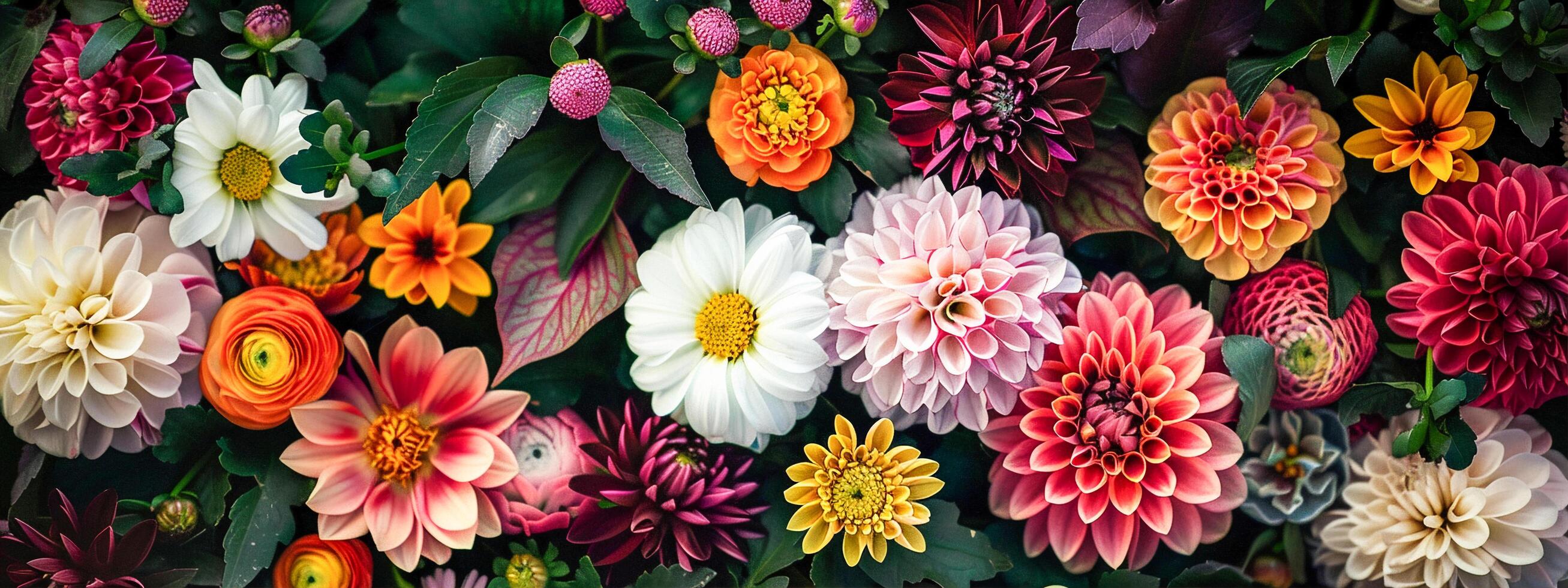 A floral background featuring peonies, chrysanthemums and lilies in various colors. The composition is a close-up shot of the flowers with soft lighting that highlights their textures and petals. photo