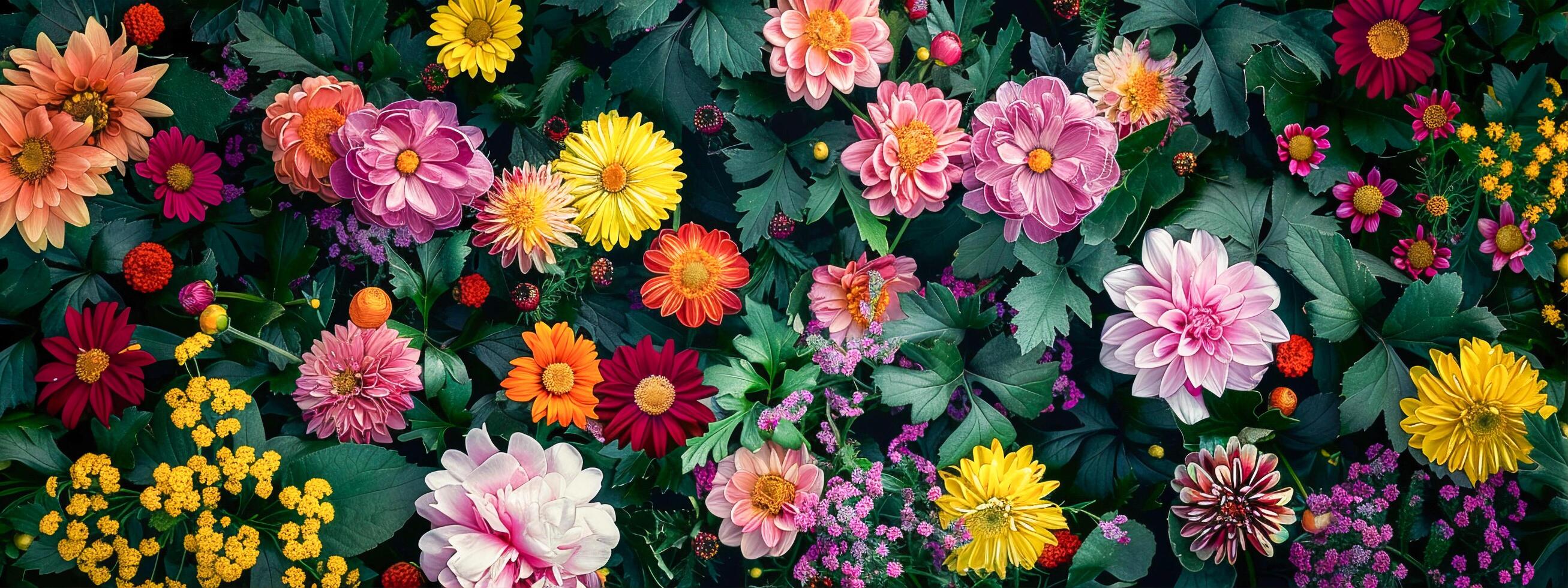 A floral background featuring peonies, chrysanthemums and lilies in various colors. The composition is a close-up shot of the flowers with soft lighting that highlights their textures and petals. photo