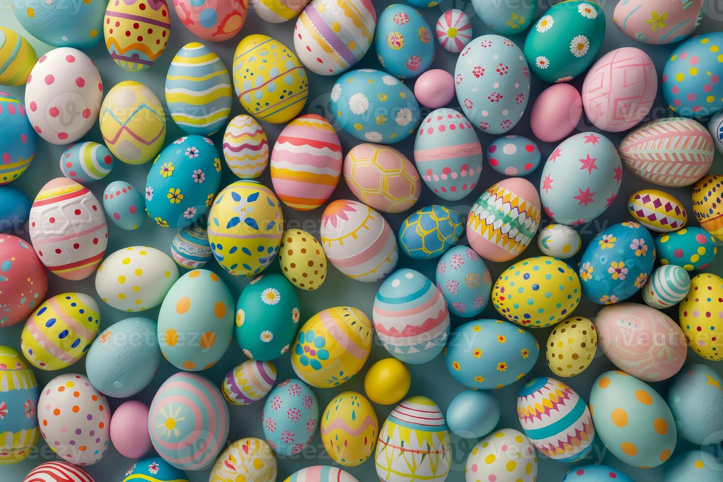 Colorful Easter eggs background, Easter celebration. A lot of colorful easter eggs with different patterns and designs. top view. 3d rendering illustration photo