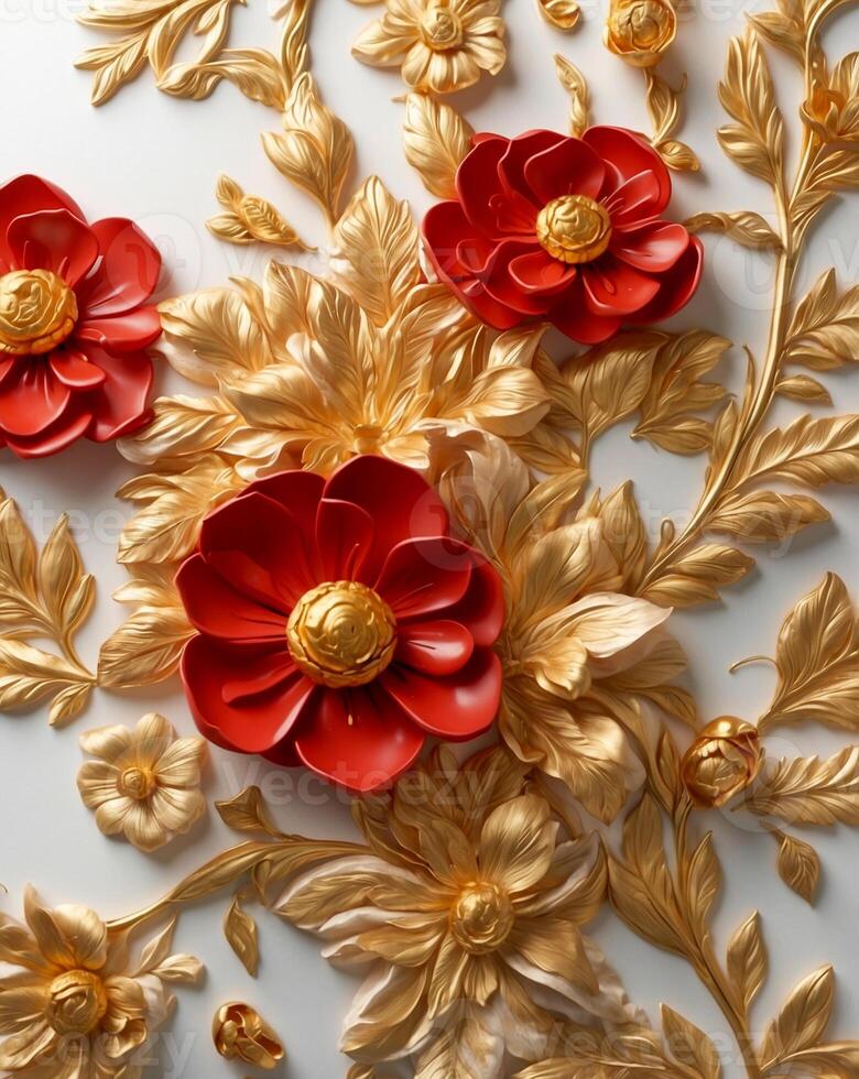 Luxurious 3D red petals decoration with gold baroque ornate on a white background. Romantic template for engagement and wedding invitation background. AI-Generated photo