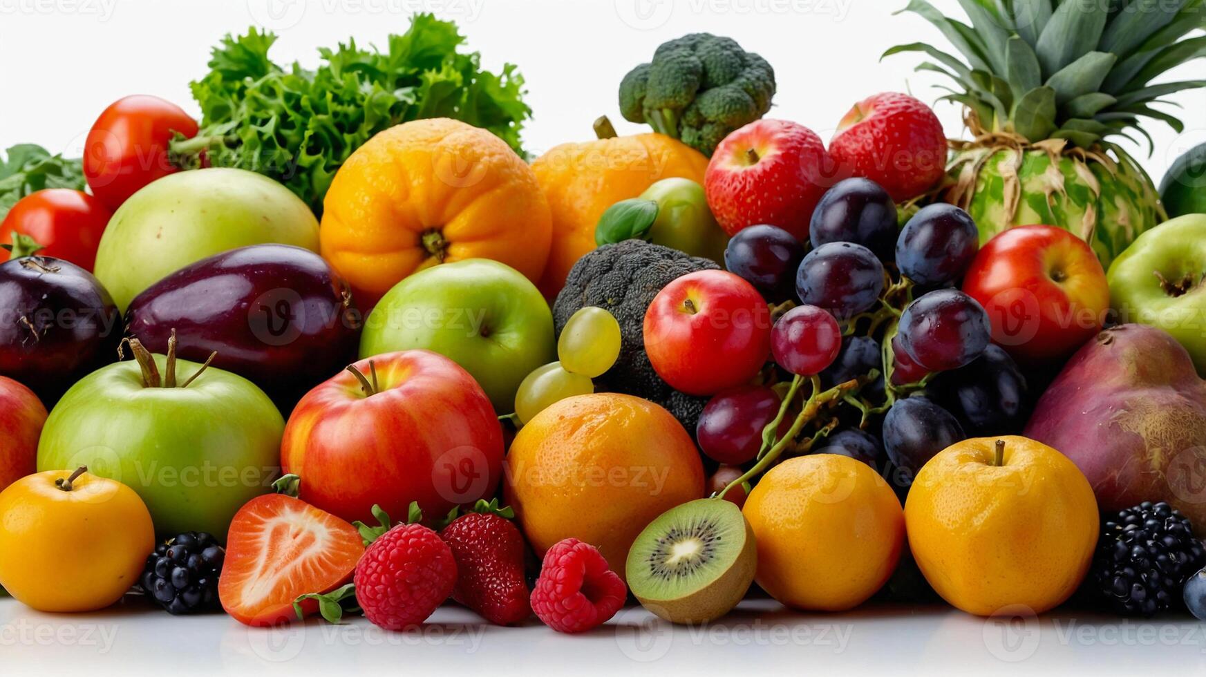 Assortment of fruits and vegetables on a white background. Various colors of healthy and nutritious fresh food. AI-Generated photo