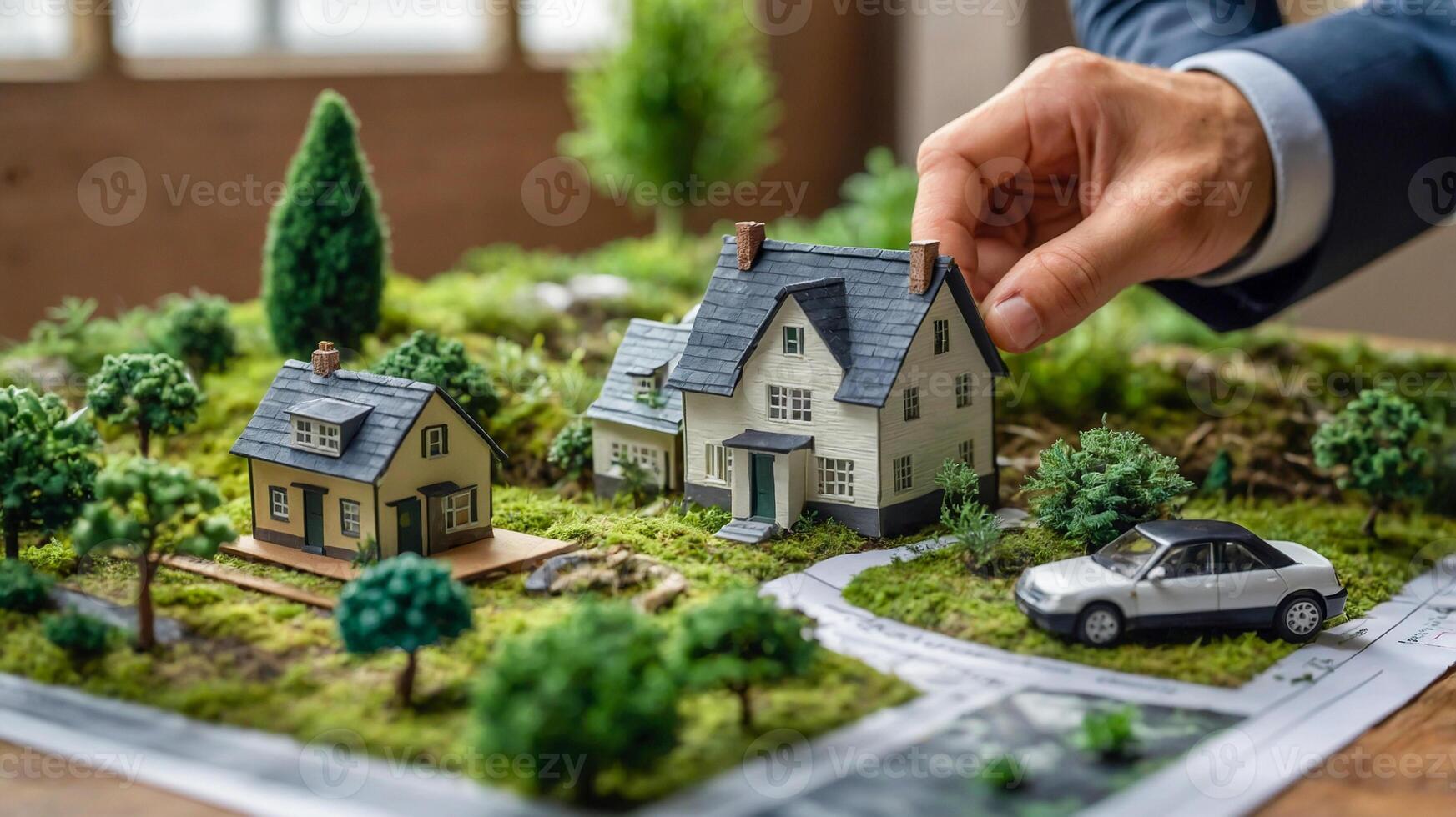 Housing developer master plans, real estate broker. The concept of investor is examining a real estate project using a scale model. AI-Generated photo