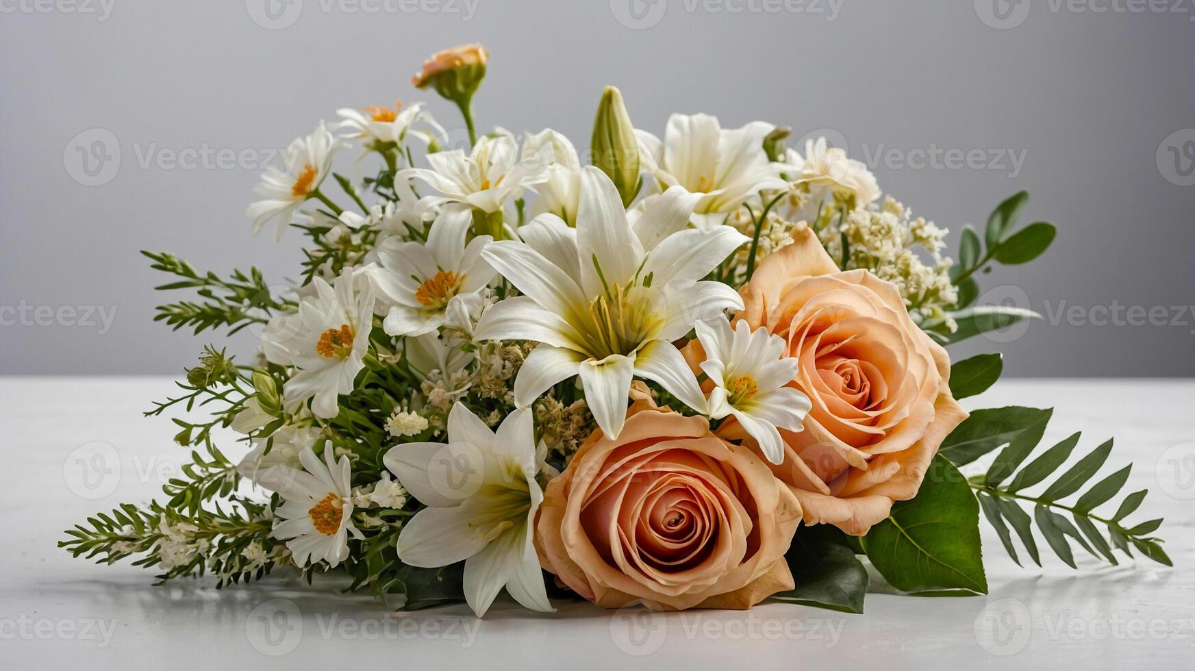 A bunch of flower arrangements on a white table. Romantic bouquet for wedding greeting card background. AI-Generated photo