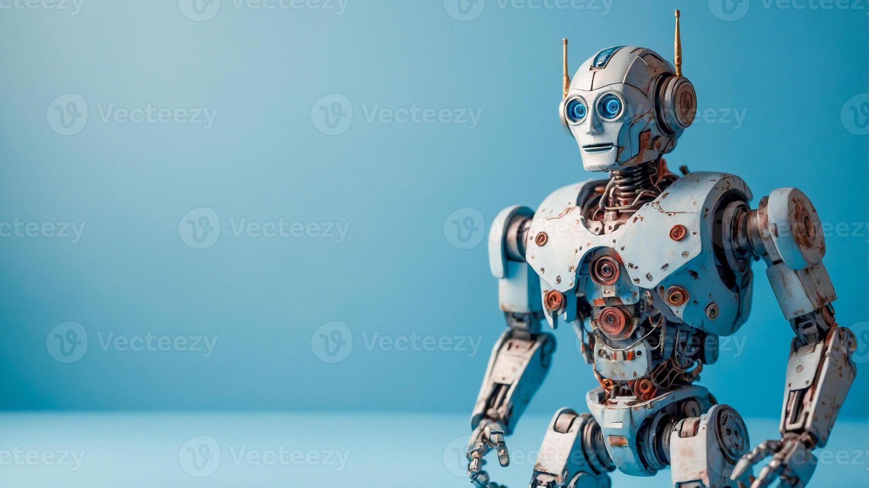 Futuristic white robot on a light blue background with copy space. Modern and advanced future technology concepts with the help of artificial intelligence. AI-Generated photo
