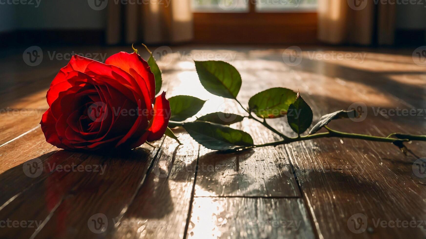 A red rose lay on the floor of the room with aesthetic sunlight. Concept of sad love story, broken heart. AI-Generated photo