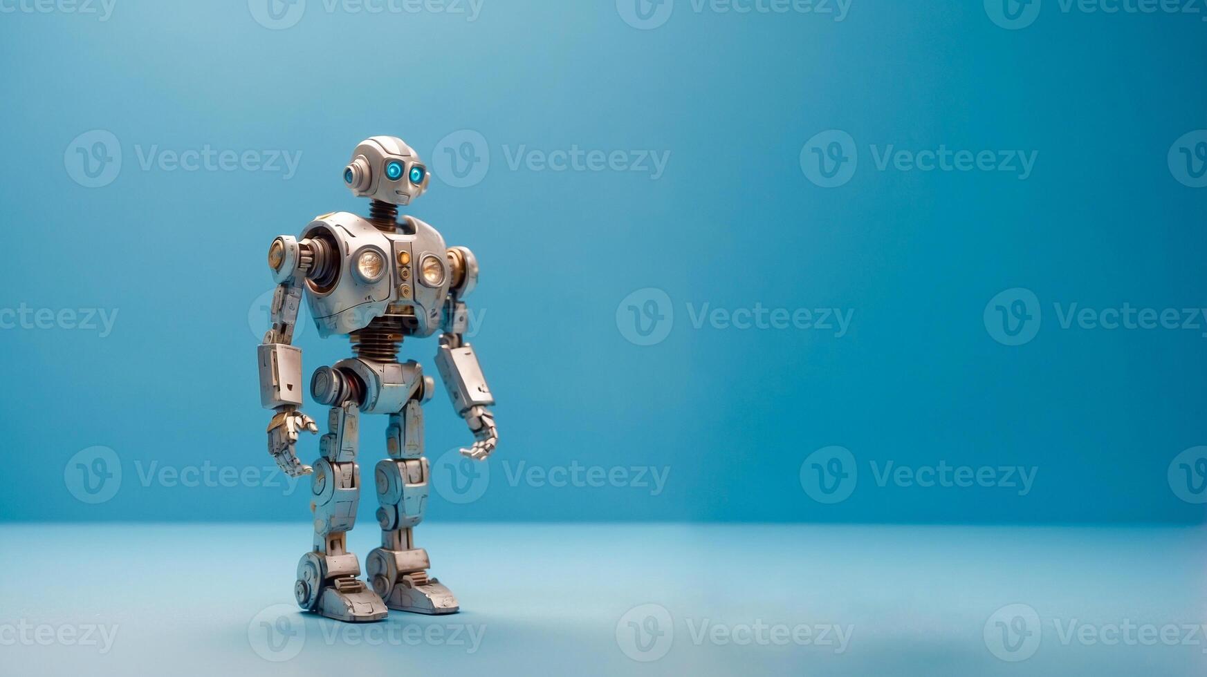 An iron robot toy on a light blue background is standing. Technology maintenance concept with copy space. AI-Generated photo