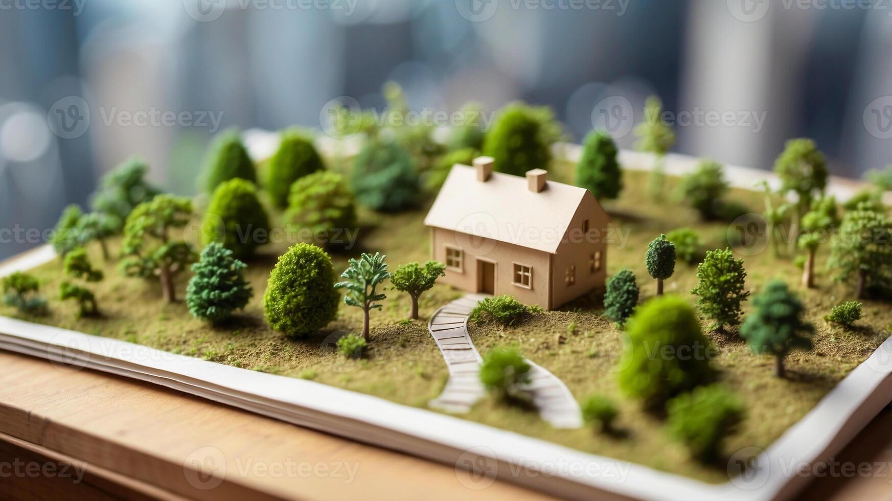 A miniature housing estate in the middle of a greenery empty land. Housing developer or real estate broker with scale model. AI-Generated photo