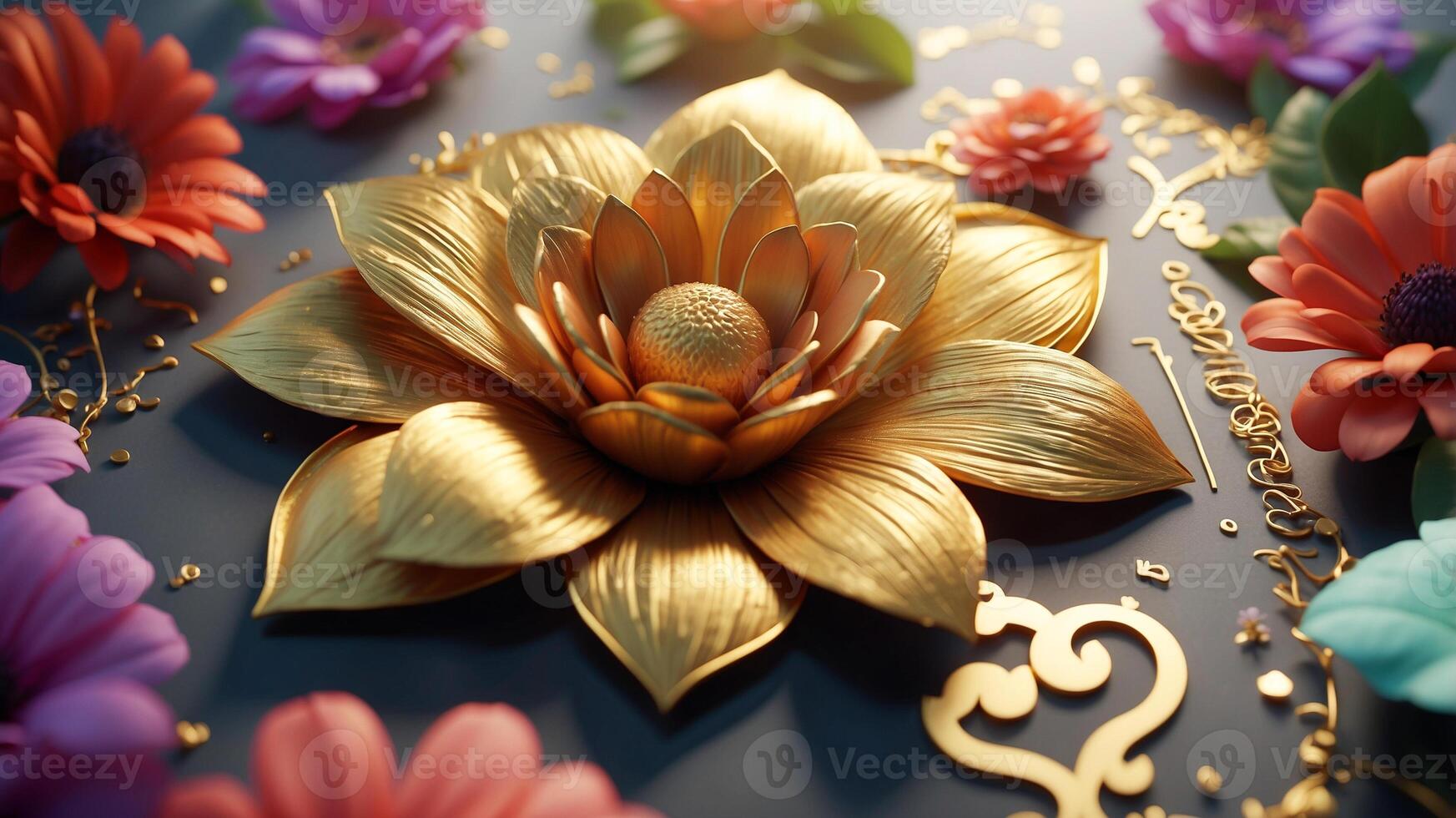 Close-up of luxurious golden flowers on marble plaque. Romantic background for wedding and engagement concepts. AI-Generated photo