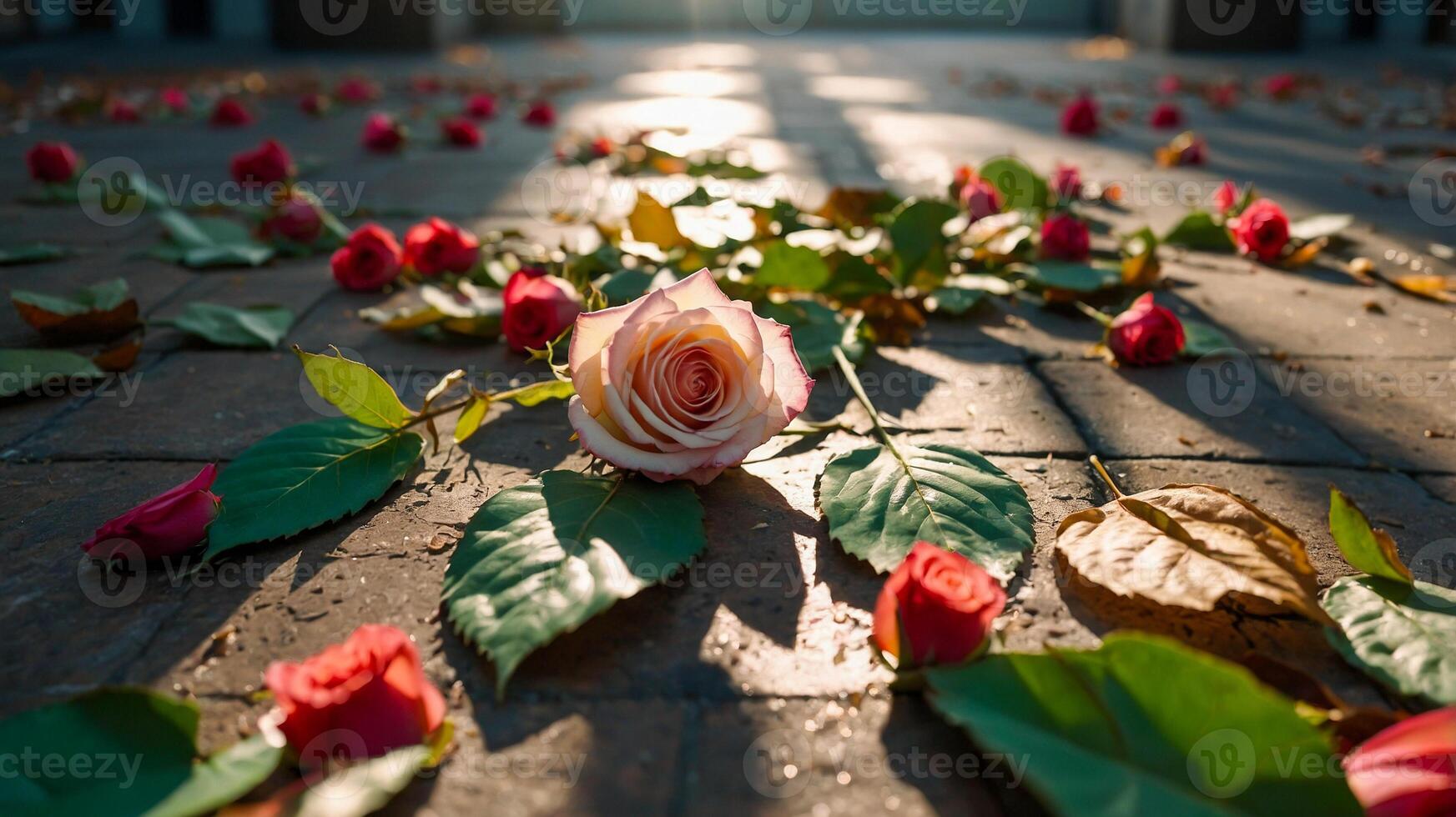 A white rose fell on the road and leaves were scattered around it. Concept of sad love story, broken heart. AI-Generated photo