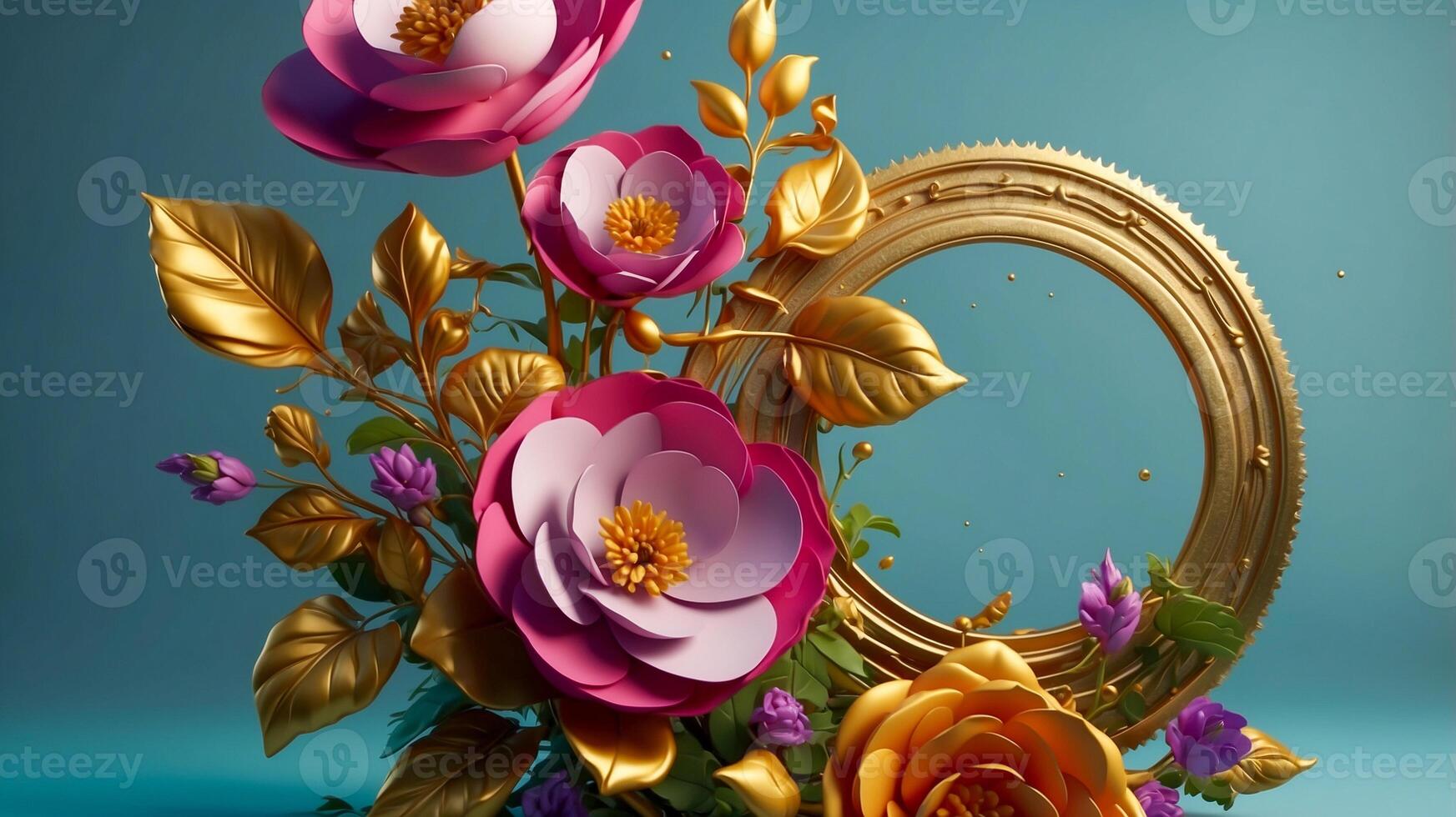 Close-up of luxury 3D floral decoration with gold circle elements on a blue background. Romantic background for wedding and engagement concepts. AI-Generated photo