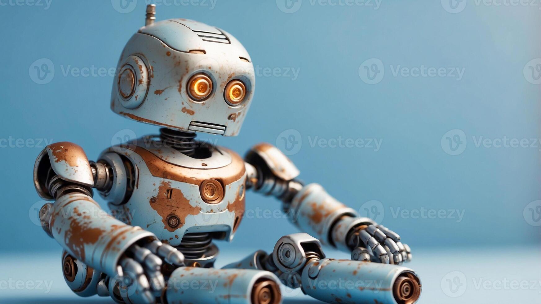 An old rusty robot on a light blue background sits with a sad expression. Technology maintenance concept with copy space. AI-Generated photo