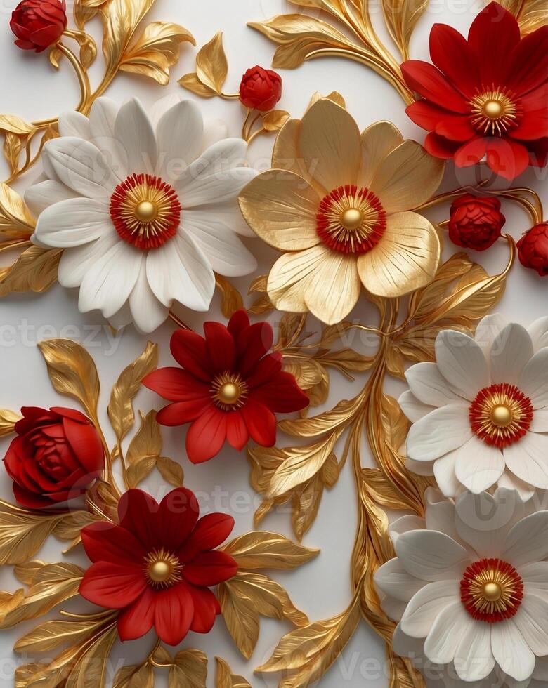 Luxurious 3D red petals decoration with gold baroque ornate on a white background. Romantic template for engagement and wedding invitation background. AI-Generated photo