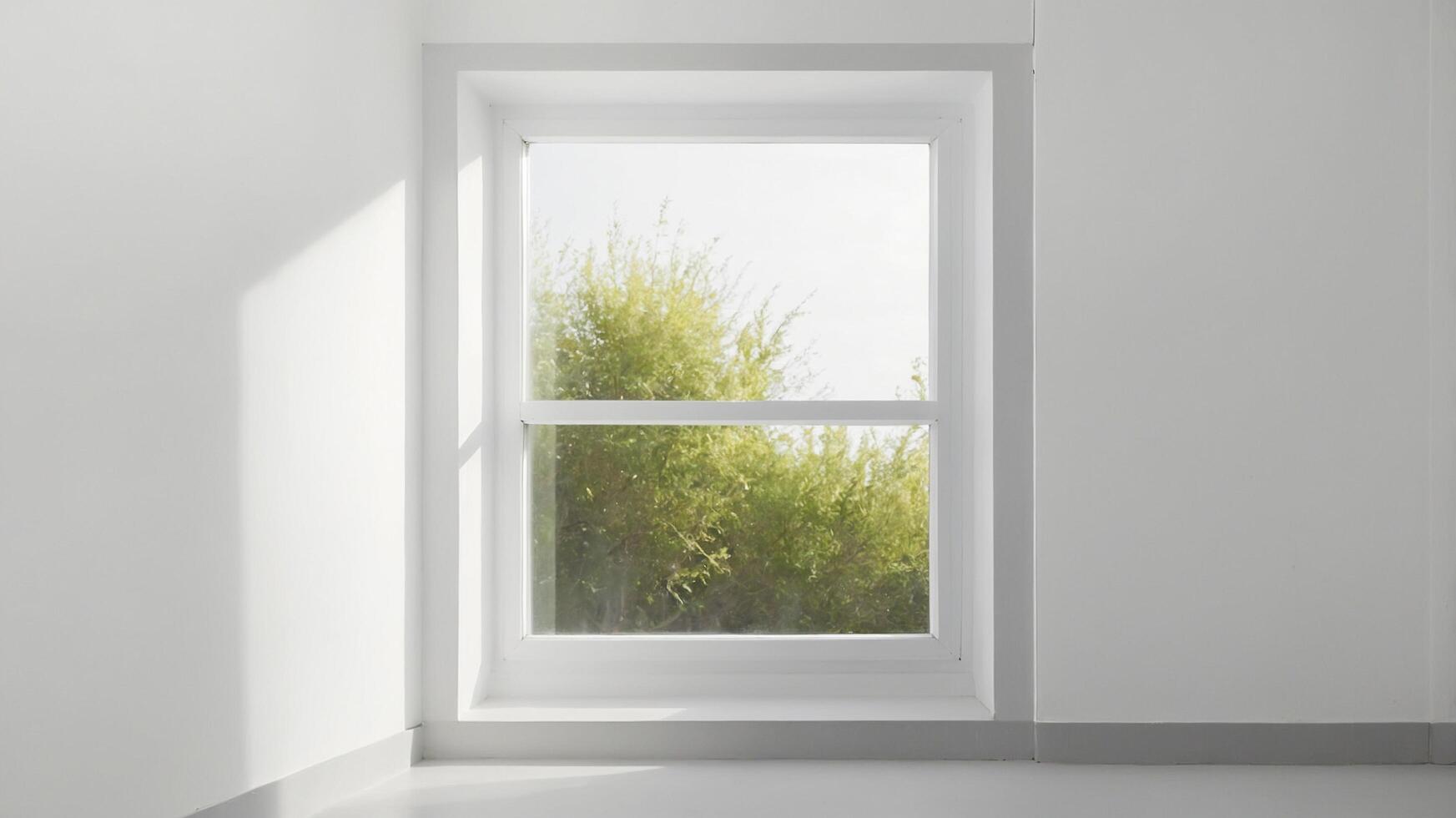 Minimalist white room interior with windows showing natural scenery. A clean room with shadow overlays. The morning sun passes through the window. AI-Generated photo