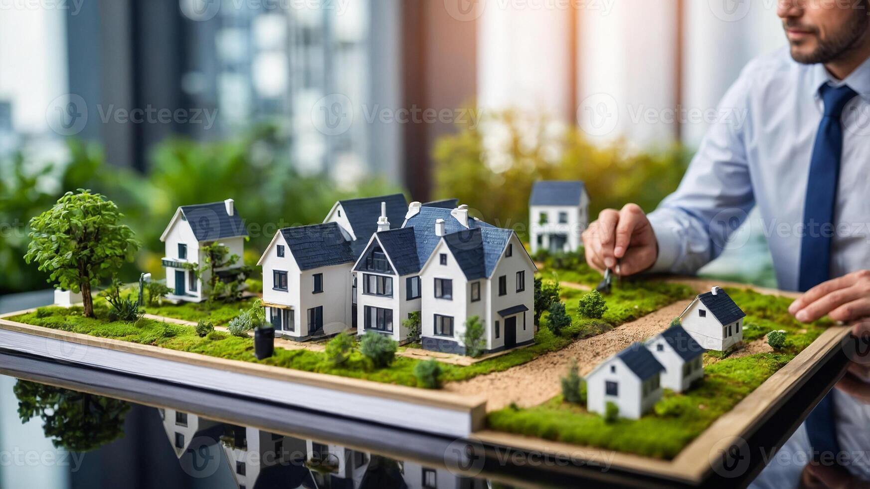 Housing developer master plans, real estate broker. The concept of investor is examining a real estate project using a scale model. AI-Generated photo