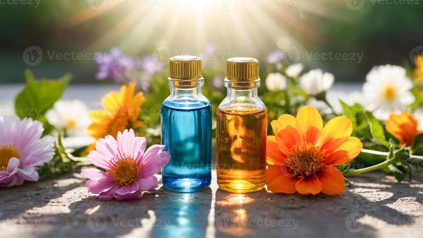 Close-up of floral essential oils in glass bottles with various colored liquids on a vintage wooden table. Freshness of aromatherapy with natural concepts. AI-Generated photo