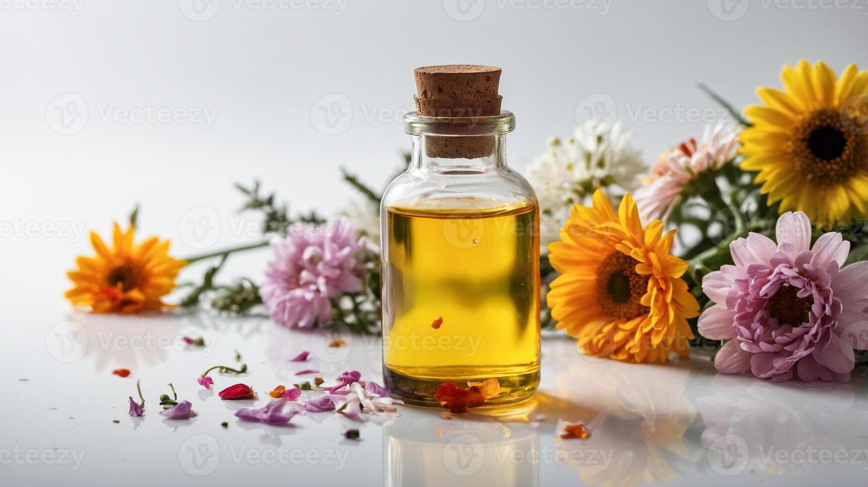 Close-up of flower essential oil in a glass bottle on a white background. Freshness of aromatherapy with a sprinkling of flowers. AI-Generated photo