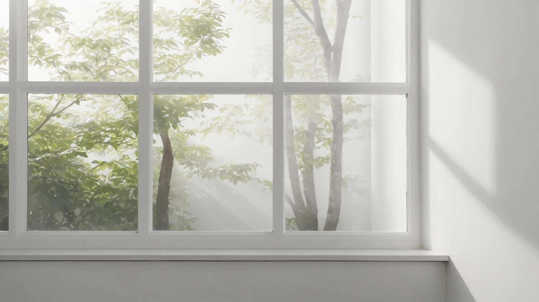 Minimalist white room interior with windows showing natural scenery. A clean room with shadow overlays. The morning sun passes through the window. AI-Generated photo