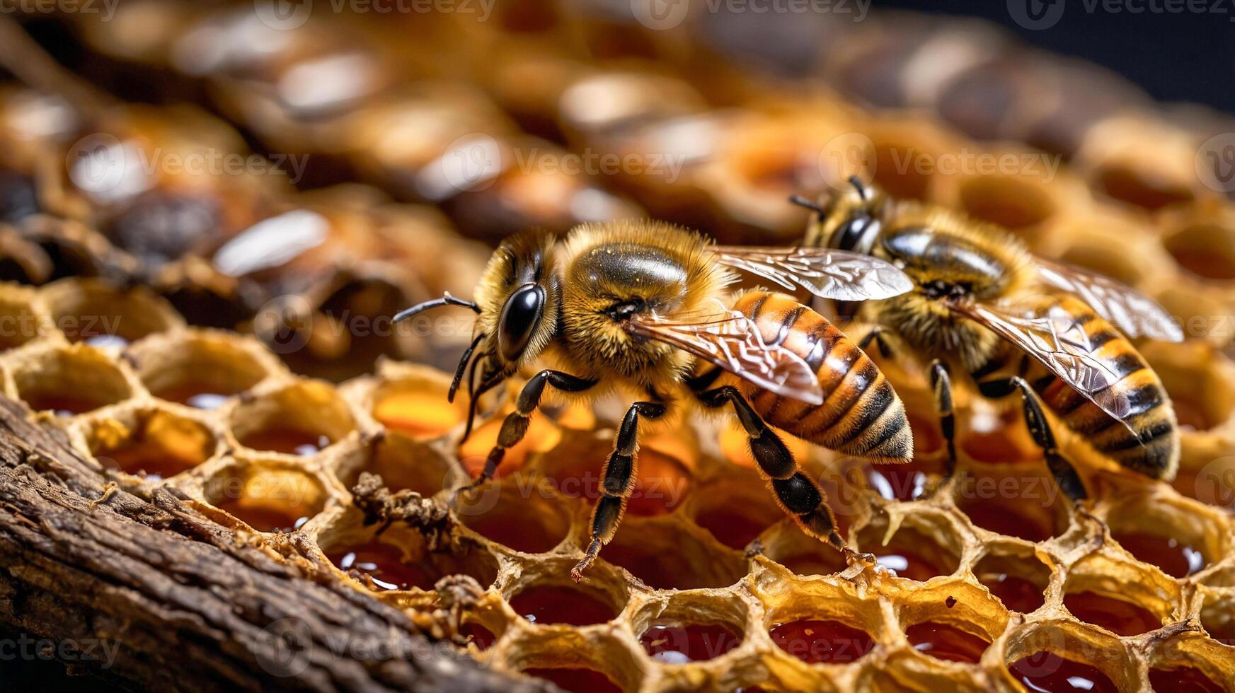 Close-up of a colony of honey bees working in their hive to make nectar into honey. AI-Generated photo