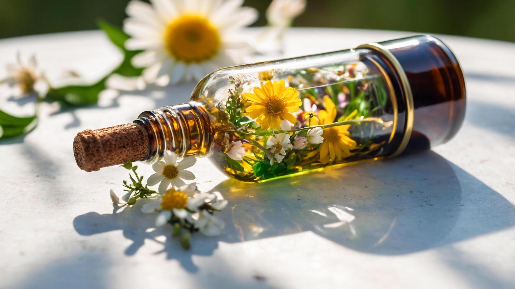 Close-up of flower essential oil in a glass bottle on a wooden table. Freshness of aromatherapy with natural concepts. AI-Generated photo