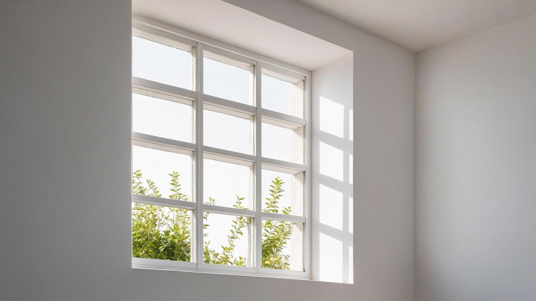 Minimalist white room interior with windows showing natural scenery. A clean room with shadow overlays. The morning sun passes through the window. AI-Generated photo