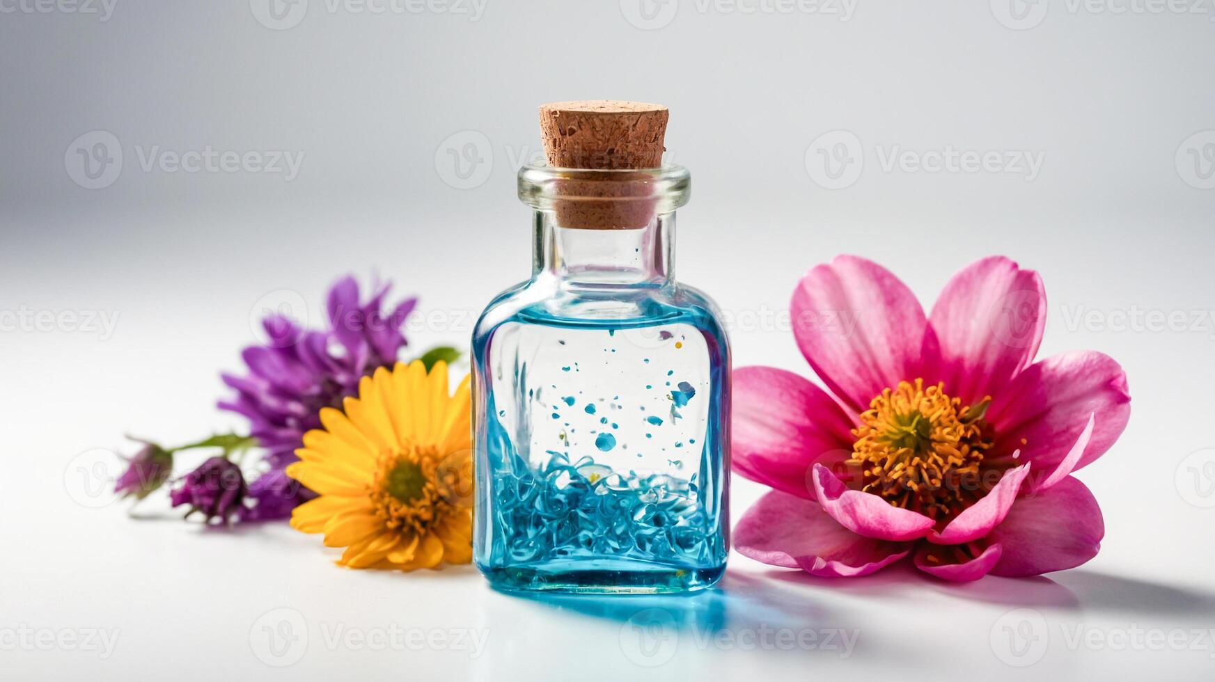 Close-up of flower essential oil in a glass bottle on a white background. Freshness of aromatherapy with a sprinkling of flowers. AI-Generated photo