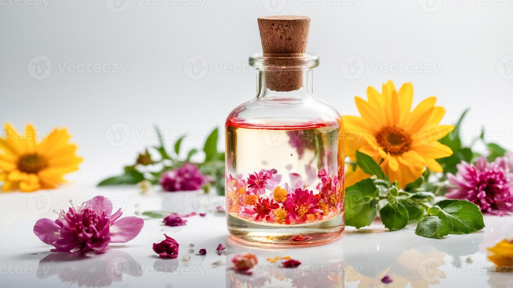 Close-up of flower essential oil in a glass bottle on a white background. Freshness of aromatherapy with a sprinkling of flowers. AI-Generated photo