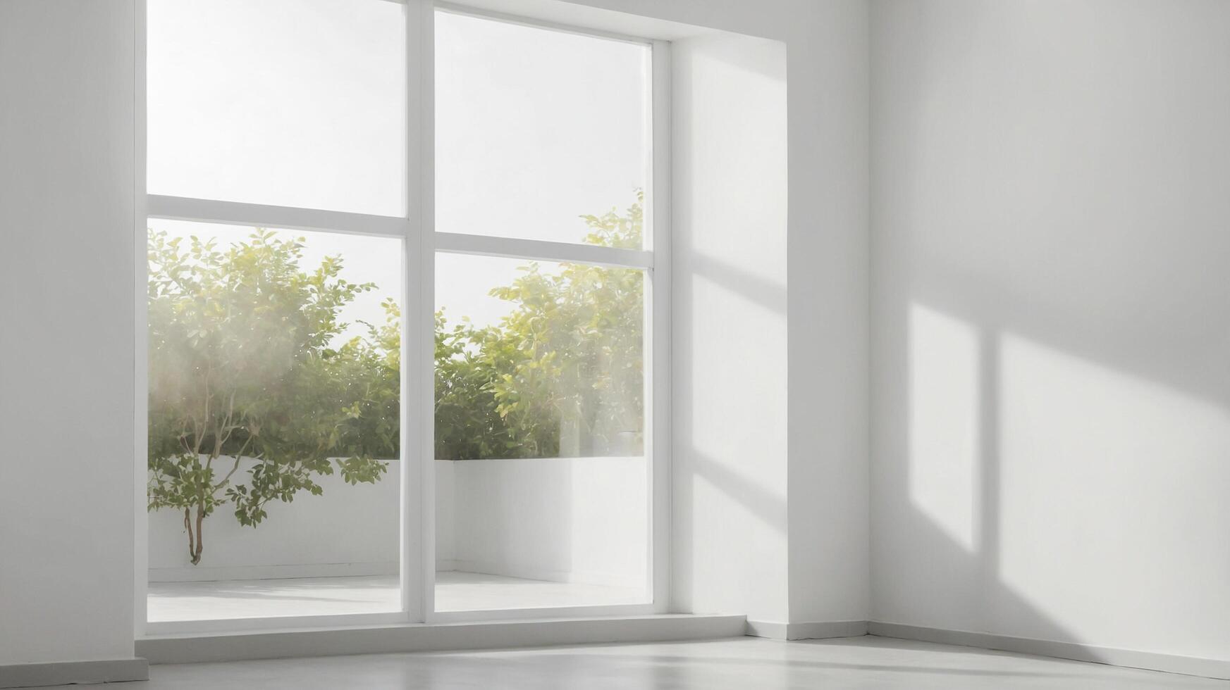 Minimalist white room interior with windows showing natural scenery. A clean room with shadow overlays. The morning sun passes through the window. AI-Generated photo
