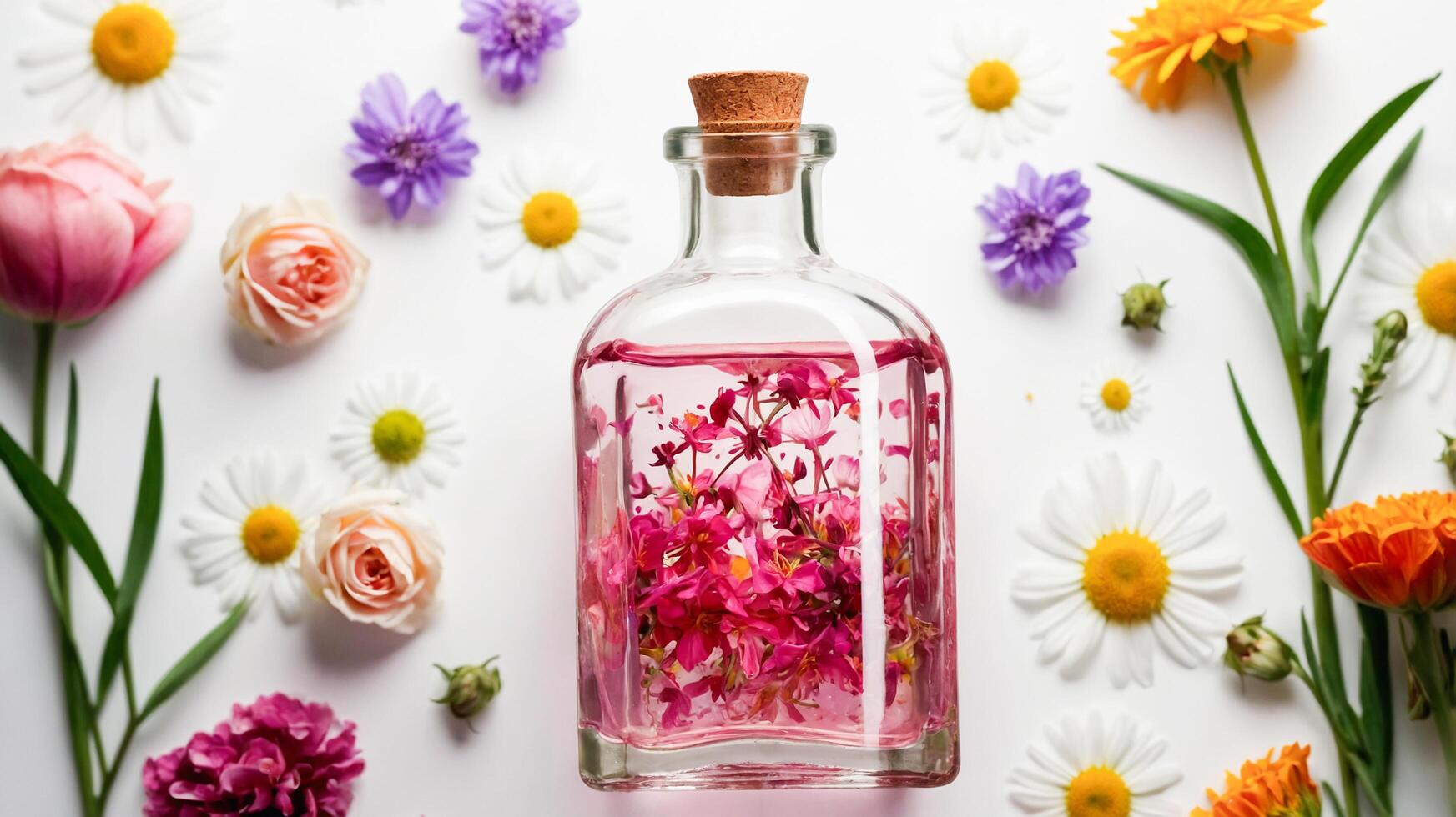 Close-up of flower essential oil in a glass bottle on a white background. Freshness of aromatherapy with a sprinkling of flowers. AI-Generated photo